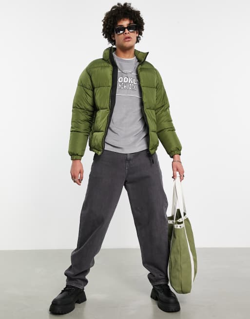 Pull&Bear puffer jacket in khaki | ASOS