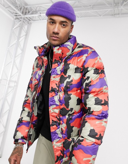 Pull&Bear puffer jacket in neon pink camo