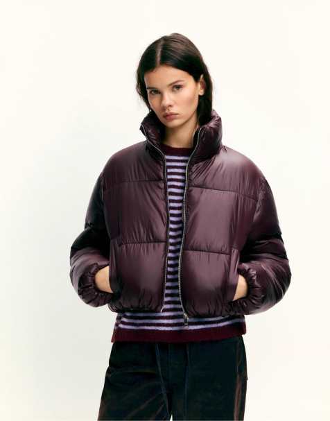 Pull&Bear Puffer jacket with a shimmery finish in burgundy