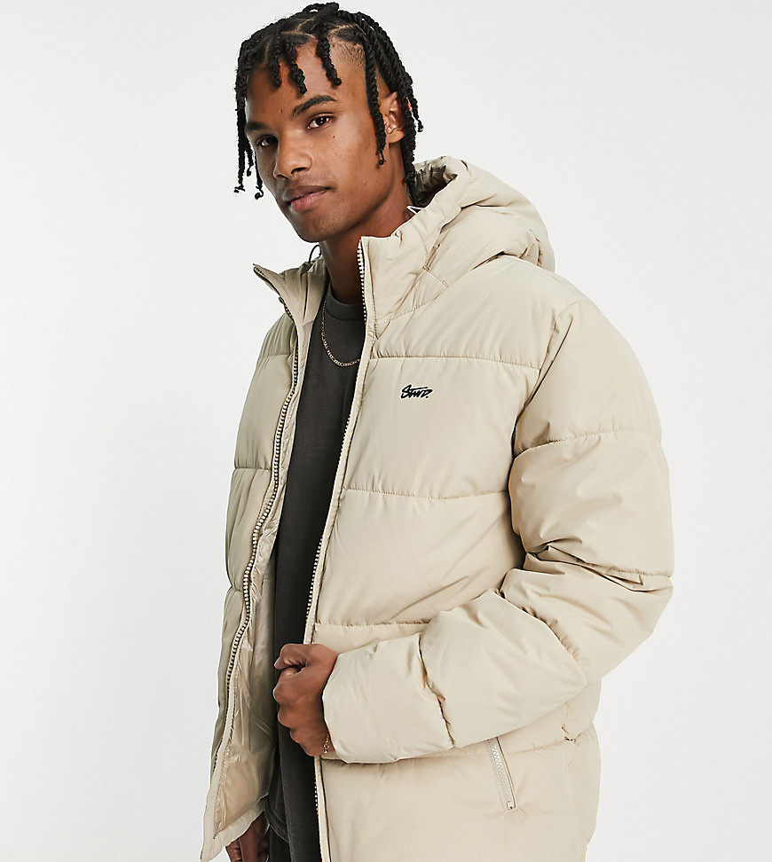 Pull & Bear puffer jacket with hood in beige exclusive at ASOS-Neutral