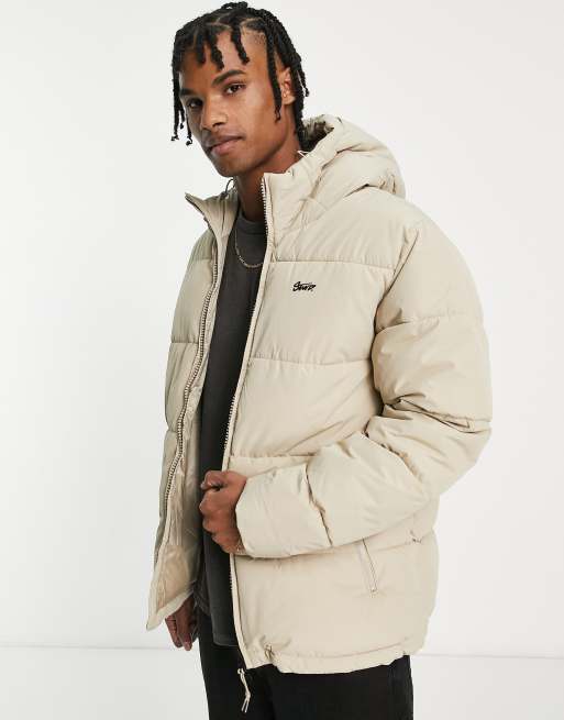 Pull&Bear puffer jacket with hood in beige exclusive at ASOS