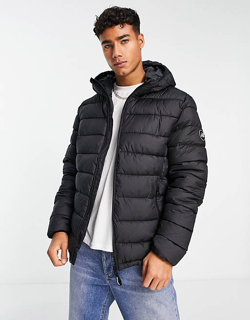 Pull&Bear puffer jacket with hood in black | ASOS