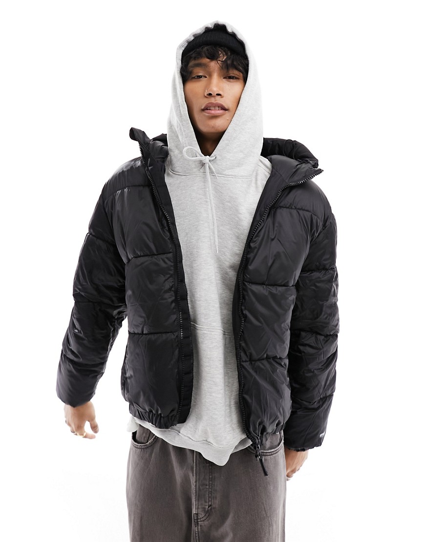 Pull & Bear puffer jacket with hood in black