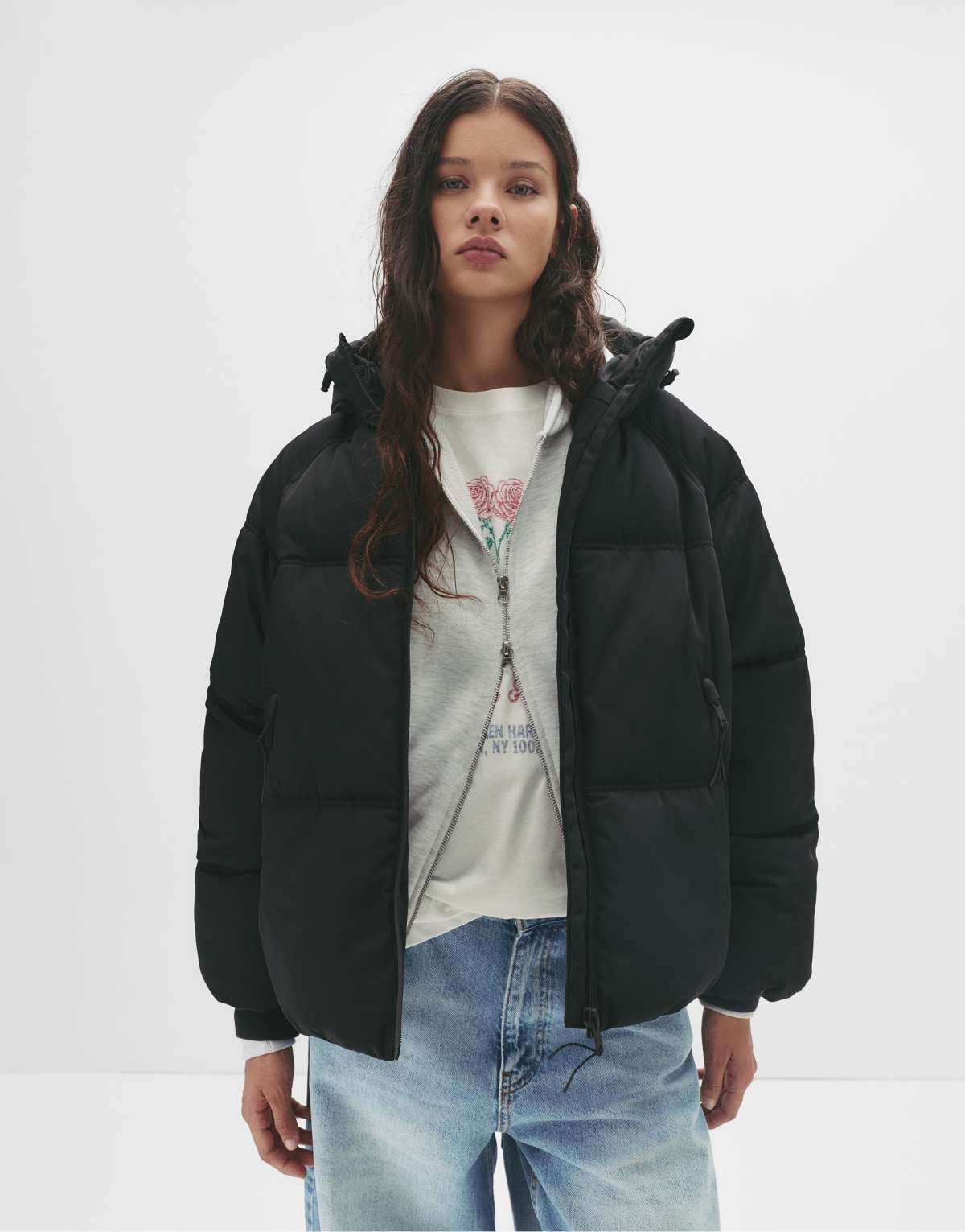 Pull&Bear Puffer jacket with hood in black