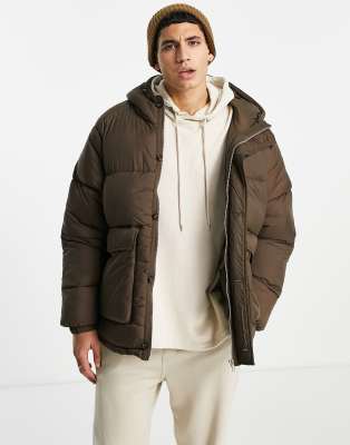 Pull&Bear puffer jacket with hood in brown