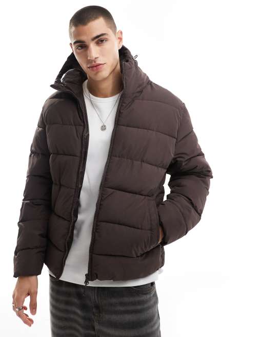 Pull&Bear puffer jacket with hood in brown