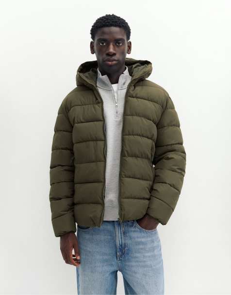Pull&Bear Puffer jacket with hood in dark khaki - view 1