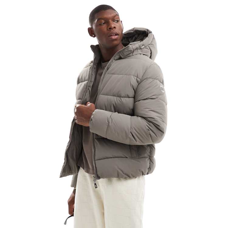 Pull Bear puffer jacket with hood in grey ASOS