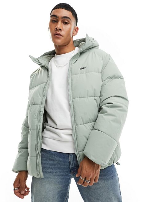 Pull&Bear puffer jacket with hood in ice grey | ASOS