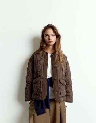 Pull & Bear Puffer Jacket With Pockets In Brown