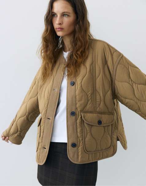 Pull&Bear Puffer jacket with pockets in dark khaki - view 1