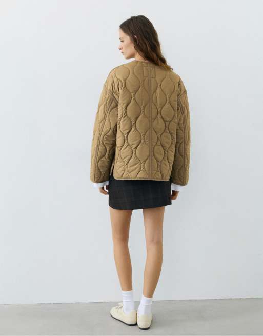 Pull&Bear Puffer jacket with pockets in dark khaki, 2 of 7