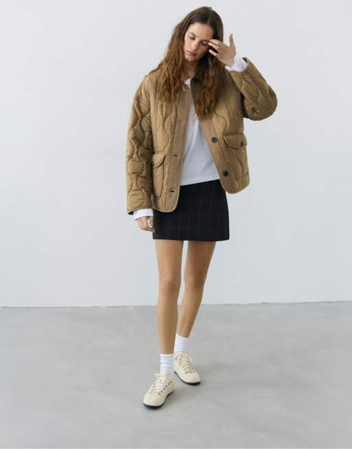 Pull&Bear Puffer jacket with pockets in dark khaki, 4 of 7