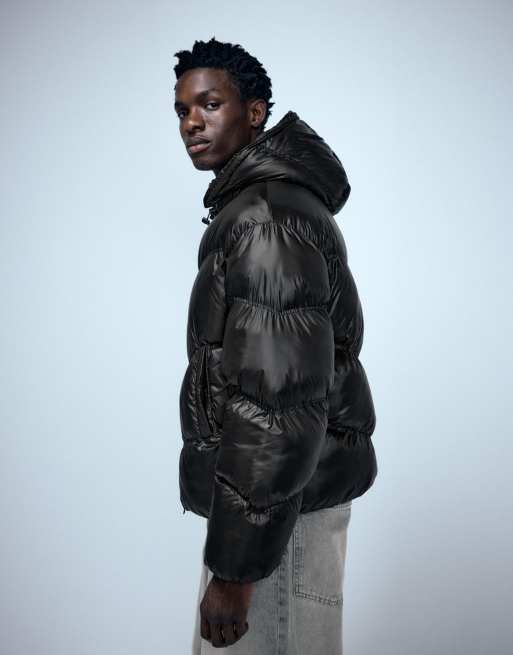 Pull&Bear Puffer jacket with shiny finish in black, 3 of 7