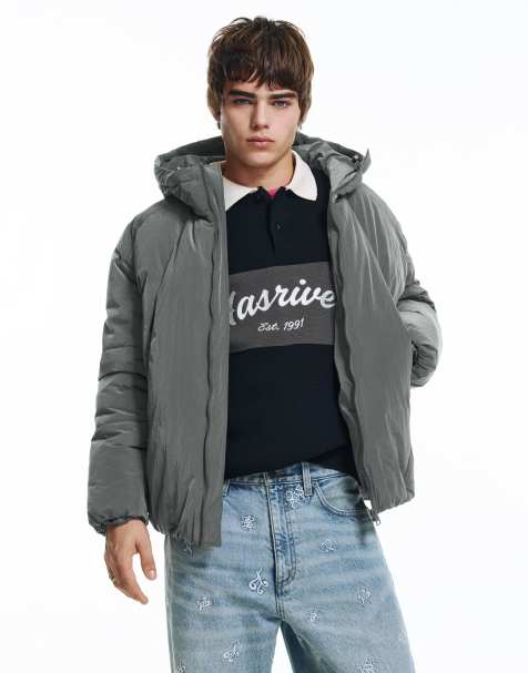 Pull&Bear – Pufferjacke in Grau mit Cut-out - view 1