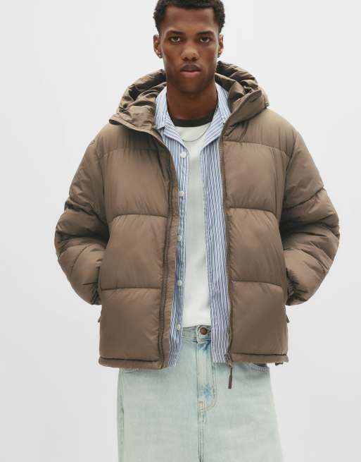 Pull&Bear – Pufferjacke in Schokobraun mit Kapuze