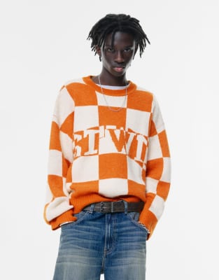 Pull & Bear - Pull à carreaux avec logo STWD - Orange