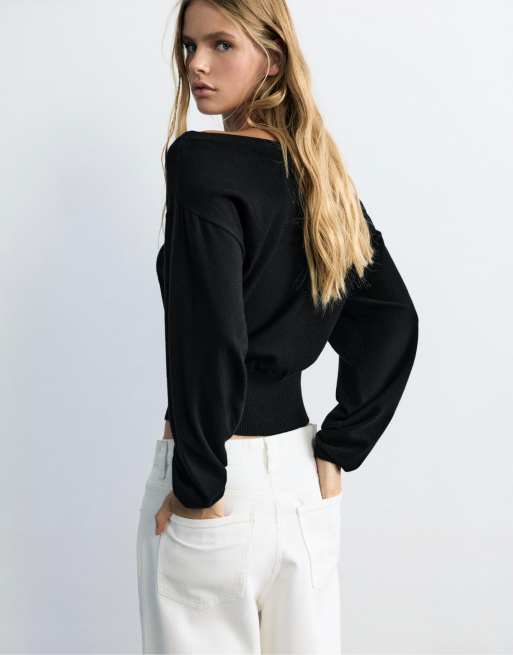 Pull&Bear pull à col bateau rayé noir, 2 de 7