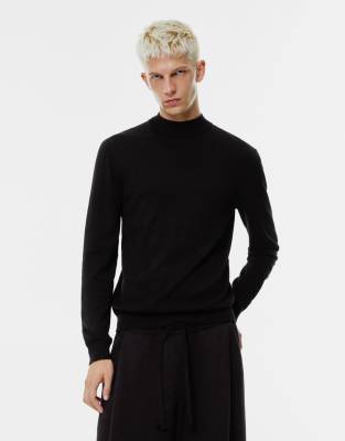 Pull & Bear - Pull à col montant en maille fine - Noir