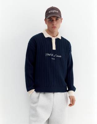 Pull & Bear - Pull à col polo - Bleu marine