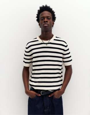 Pull & Bear - Pull à manches courtes - Blanc/noir-Multicolore