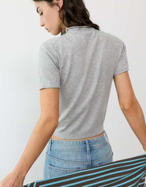 Pull&Bear pull ajusté à manches courtes gris, 2 de 7
