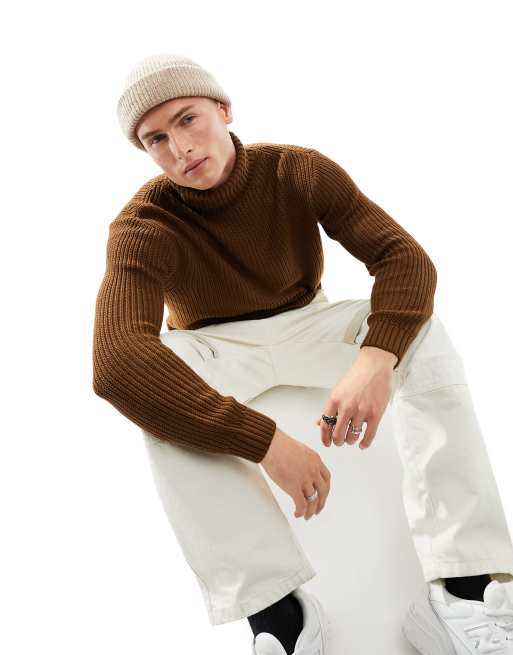 Pull Bear Pull col roule en maille torsadee Marron