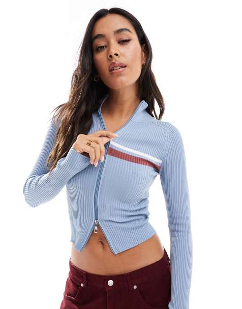 Pull&Bear - Pull côtelé à fermeture éclair avec bandes - Bleu - view 1