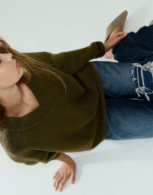 Pull&Bear pull coupe carrée à col V vert chasse, 5 de 7