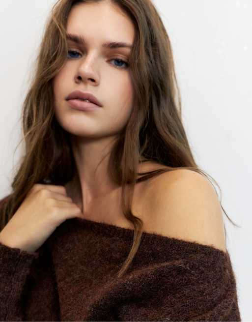 Pull&Bear pull coupe regular à encolure bateau marron en laine, 3 de 7