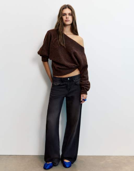 Pull&Bear pull coupe regular à encolure bateau marron en laine, 4 de 7