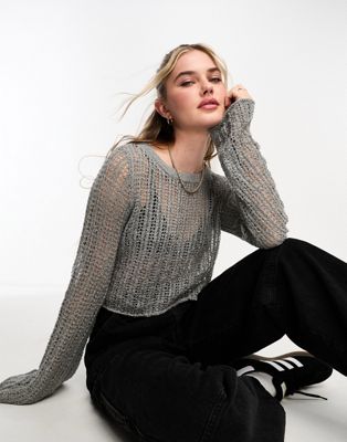 Pull&Bear open knit cropped jumper in pale grey - ASOS Price Checker
