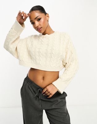Pull&Bear cable knit crop jumper in ecru - ASOS Price Checker