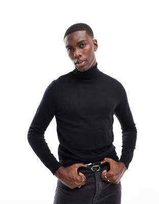 Pull&Bear knitted roll neck jumper in black  - ASOS Price Checker