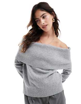 Pull & Bear - Pull en maille avec encolure bardot oversize - Gris pâle