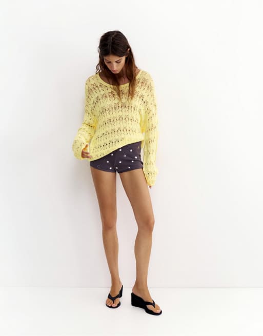 Pull&Bear - Pull en maille fluide à découpes - Jaune, 4 de 7