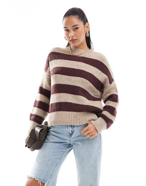 Pull&Bear - Pull en maille rayée - Bordeaux/sable chiné - view 1