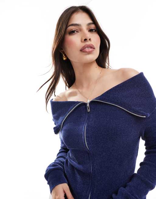 Pull&Bear - Pull en maille zippé à encolure Bardot - Bleu marine