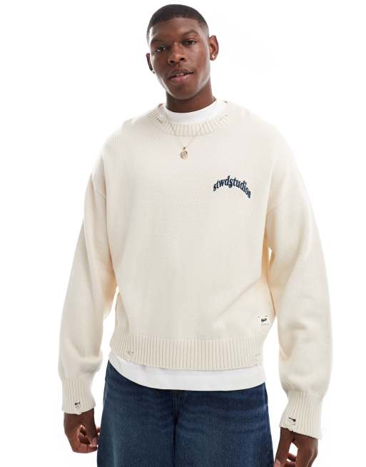 Pull Bear Pull imprime en maille cotelee Ecru ASOS