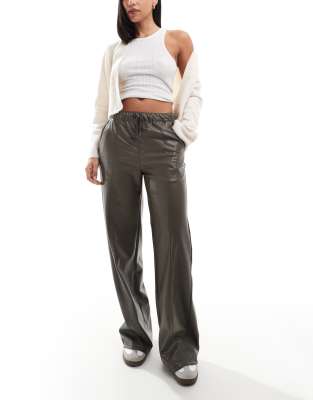 Pull & Bear Pull On Faux Leather Pants In Gray