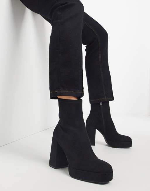 Pull&Bear pull on faux suede platform boots in black | ASOS