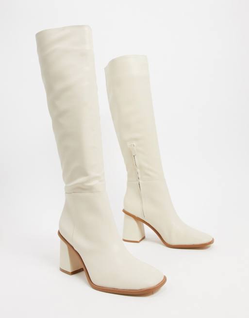 Pull Bear pull on knee boots in cream