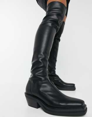 pull&bear platform heel knee boots in black