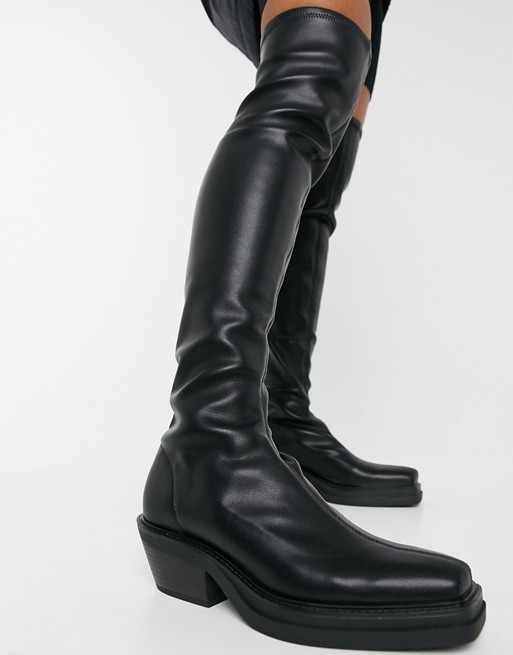 Pull&Bear pull on stretch high leg boots in black