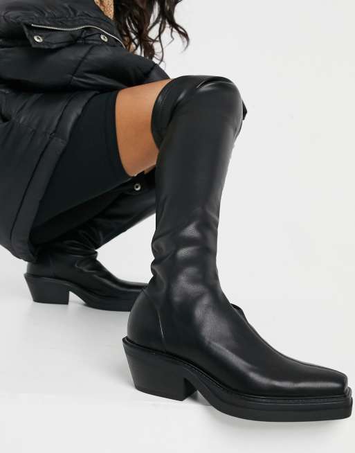 Pull Bear pull on stretch high leg boots in black