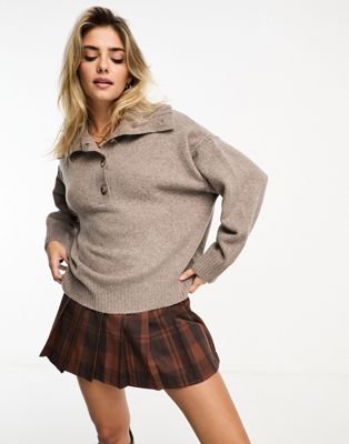 Pull&Bear button detail oversized knitted jumper in taupe brown - ASOS Price Checker