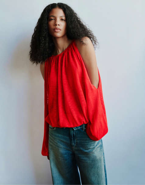 Pull&Bear pull oversize froncé rouge - view 1