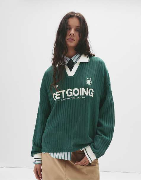 Pull&Bear - Pull style football avec col polo - Vert bouteille - view 1