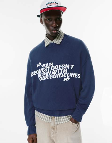 Pull&Bear – Pullover in Blau mit Grafik-Schriftzug - view 1