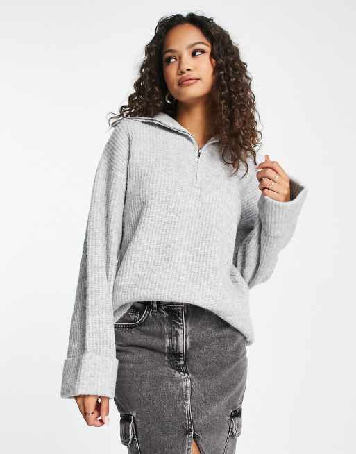 Pull&Bear – Pullover in Grau mit Stehkragen und kurzem Reißverschlussdetail